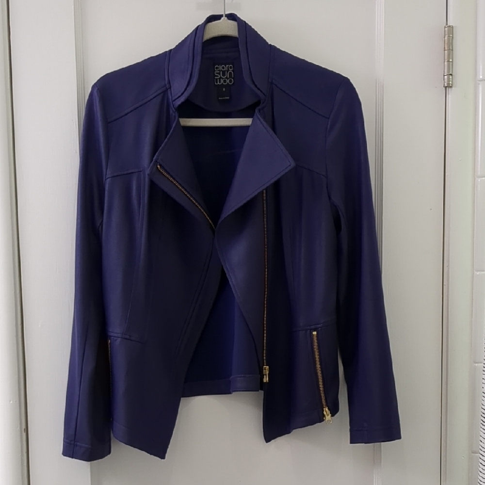 CLARA SUNWOO Purple Leather Jacket Asymmetrical Design